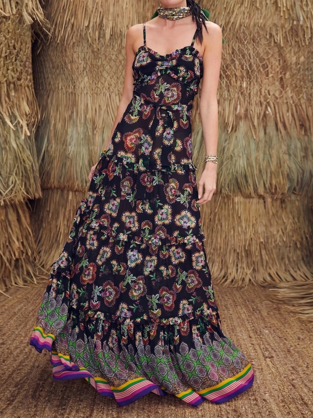 Alexis Lussa Rayon Floral Maxi Dress Black Boho Tiered Resort M
